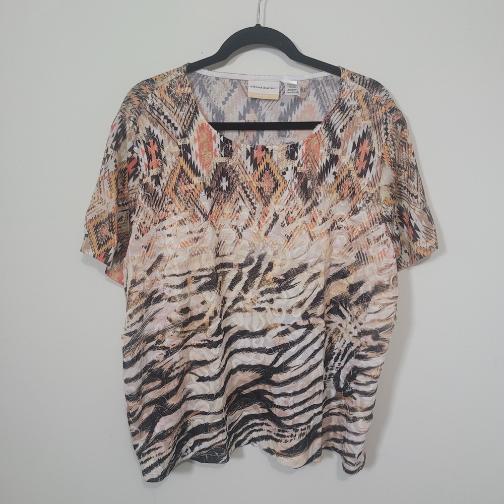 Alfred Dunner Size 2X Top Woman Animal Magnetis Mixed Print Short Sleeve Burnout